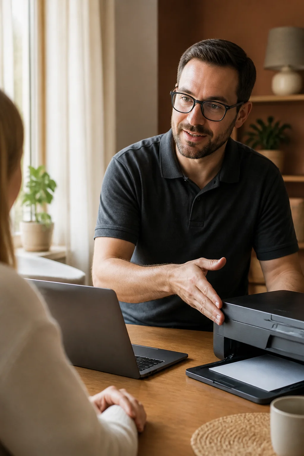 A support specialist helping someone troubleshoot technology at home